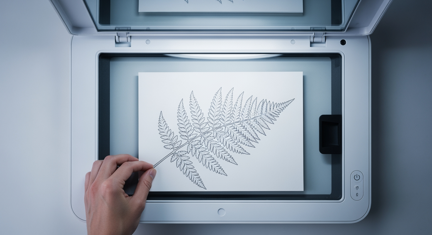 Top-down view of a hand placing a pencil-drawn fern leaf face-down on a flatbed scanner.