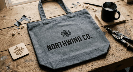 Animated close-up of a vector logo screen-printed on a cotton tote bag resting on a workshop bench, with steam rising from a mug.