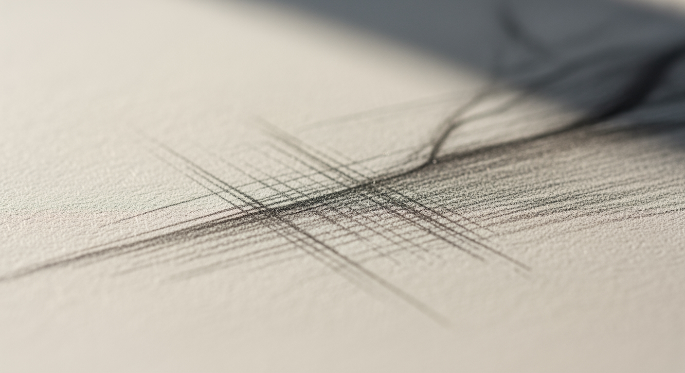 Macro photograph of pencil cross-hatching on textured paper, showing graphite particles and paper grain.