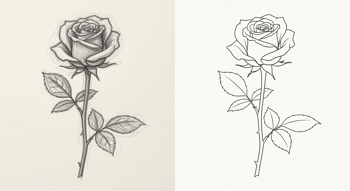 Side-by-side comparison of a pencil-shaded rose drawing on the left and a clean black vector line-art version of the same rose on the right.